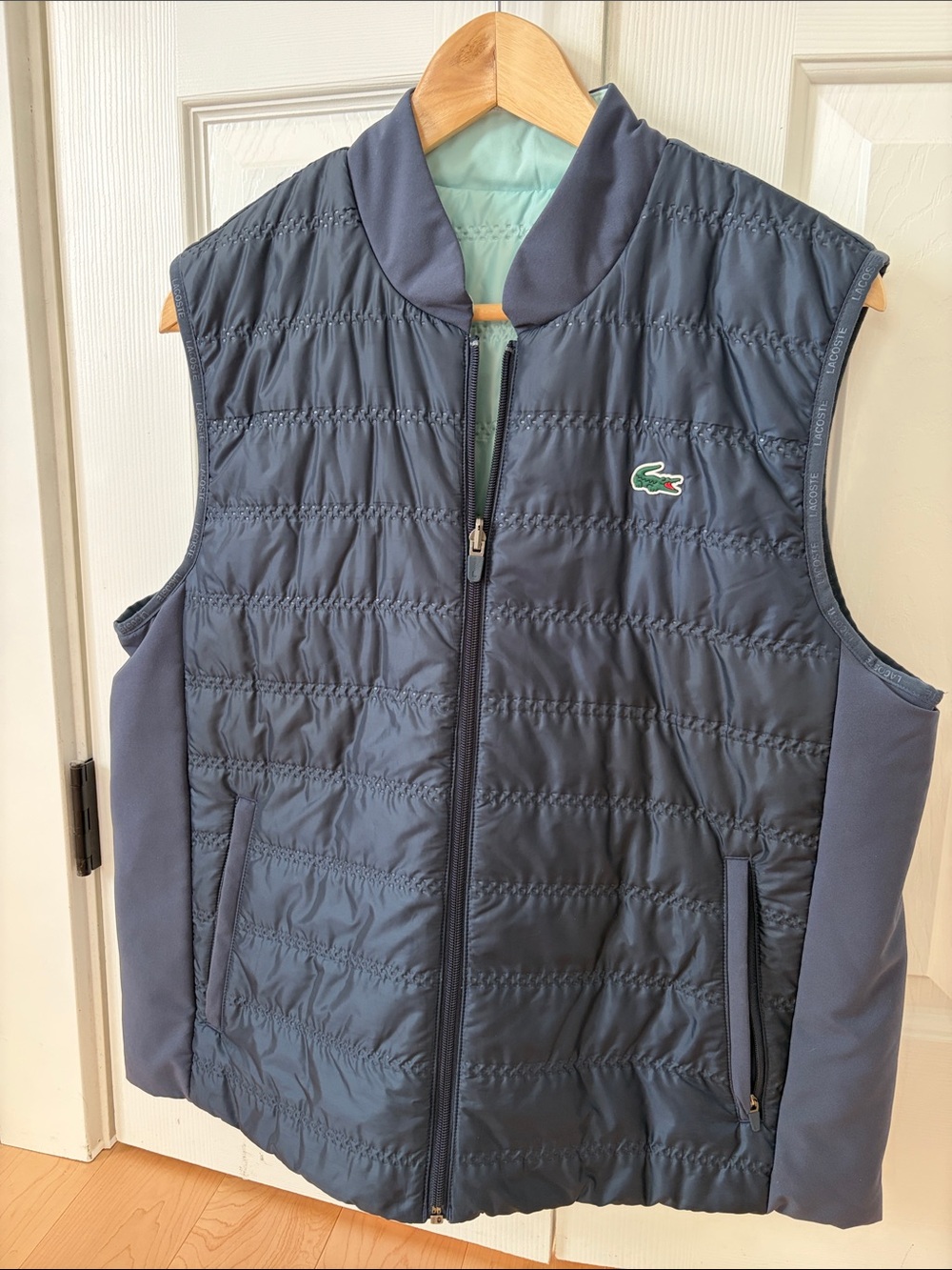 Lacoste Women’s Quilted Navy Blue Sleeveless Puffer Vest, EU size 44, reversible